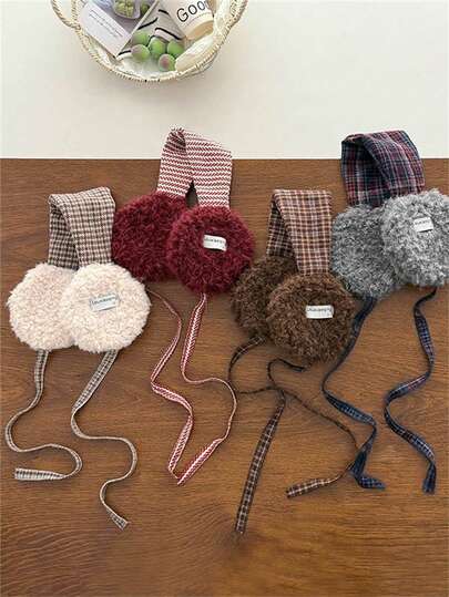 女士复古格子羊毛耳罩，加厚保暖耳罩，适合户外骑行，复古格子羊毛系带耳罩，女士冬季保暖耳罩