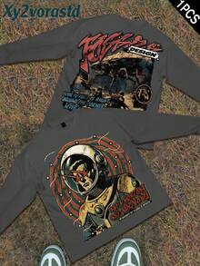 Y2k Astronaut Art Punk Long Sleeve Shirts ,Sky Double-Sided Printing,Christmas Style Graphic T Shirt Cotton,Fashionable Hip-Hop For Men -  Long Sleeve T-Shirts, Funny Vintage Shirts,Regular Fit, Street Style, Digital Print,  Ideal Gift - 深灰色 - 查看 1