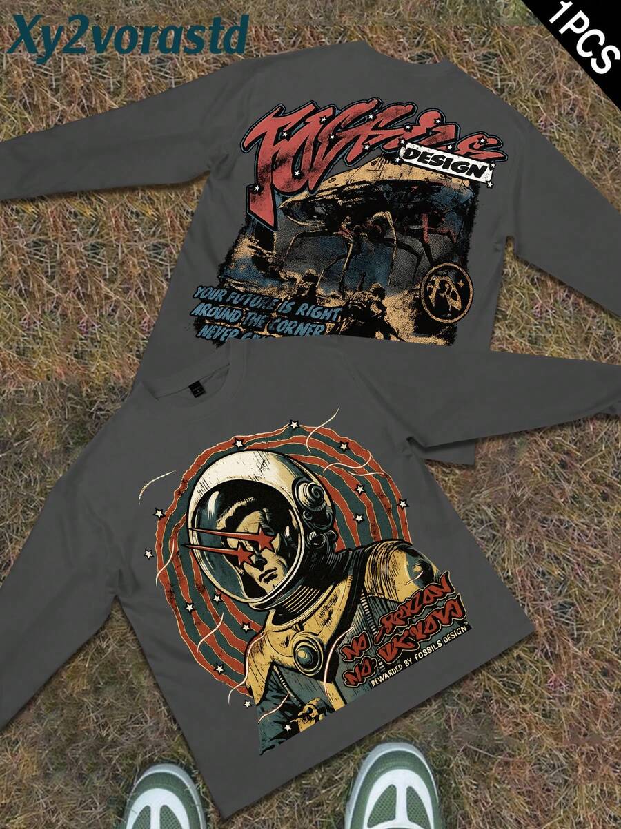 Y2k Astronaut Art Punk Long Sleeve Shirts ,Sky Double-Sided Printing,Christmas Style Graphic T Shirt Cotton,Fashionable Hip-Hop For Men - Long Sleeve T-Shirts, Funny Vintage Shirts,Regular Fit, Street Style, Digital Print, Ideal Gift - 深灰色 - 查看 1