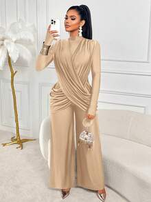 AIJ Amarilo Women'S Sexy Round Neck Long Sleeve Wrap Jumpsuit - Perfect For Parties & Gatherings Spring - Light Khaki - View 6