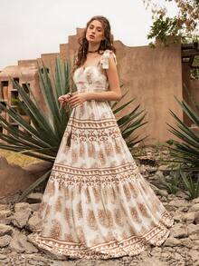 优雅方领长裙：飘逸的多层荷叶边裙摆，饰以精致刺绣图案，配有腰带，无袖设计，柔美A字廓形——完美适用于花园婚礼、新娘写真、浪漫周年庆典、正式花园派对和私奔。 - 米色 - 查看 4