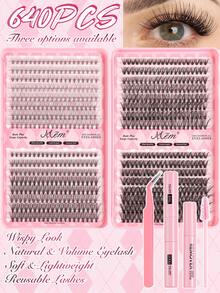 640片D型卷翘蓬松假睫毛套装，包含睫毛胶、镊子、睫毛刷、放大睫毛，轻盈可重复使用，大容量单根假睫毛，柔软自然的混合睫毛，打造3D立体浓密眼妆。 - 彩色 - 查看 15