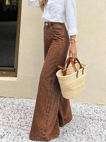 Women's Brown Wash Wide Leg Jeans, Comfortable Denim Long Pants With Pockets, Casual Style Spring - Brown - View 3