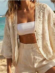Lara Crochet Kimono - Màu be - Xem 2