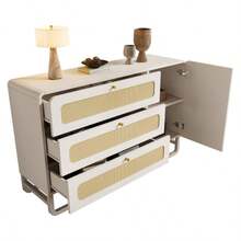 White Rattan Chest Of Drawers With Gold Handles, Country Style, With 3 Drawers And 1 Door, Height-Adjustable Shelves And Anti-Tip Device, 120x85x40 Cm (W/H/D)