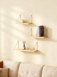1 pieza Estante flotante montado en la pared, sin necesidad de perforar, estante de almacenamiento de tablero de madera para dormitorio, sala de estar, cocina, repisa decorativa de pared - Albaricoque - Ver 3
