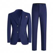 2026 Trending Men's 3-Piece Suit Set - Peak Lapel Blazer, Vest & Dress Pants | Classic Solid Formal Wear For Wedding Guest, Business & Prom (Easy-Care Poly-Viscose Blend) - 藍色 - 查看 17