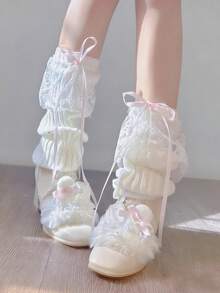 1 Pair Ballet-Style Lace Bow Knitted Leg Warmers, Japanese Sweet Girl Ribbon White Thigh High Leg Warmers, Y2K Subculture Plaid Slim Long Leg Warmers