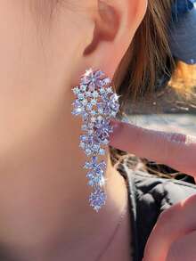 1 Pair Light Purple Cubic Zirconia Flower Cluster Long Chandelier Drop Earrings, CZ Dangle Silver Plated Wedding Elegant Jewelry For Women Brides Bridesmaids Engagement Banquet Pageant Party Prom To Bridal Girlfriends Fiancee Wife Gift - Mauve Purple - View 5