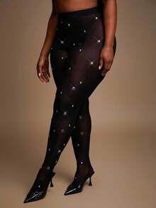 Pretty and Ole 大码女式秋冬、春夏优雅华丽性感基本款手工水钻装饰网眼面料透视紧身裤打底裤 - 黑色 - 查看 5