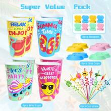 8个杯子和8根吸管夏季海滩套装，夏威夷主题海滩派对用品，可重复使用的海滩派对杯，生日派对糖果杯，居家及活动派对必备套装，精美礼品 - 彩色 - 查看 9