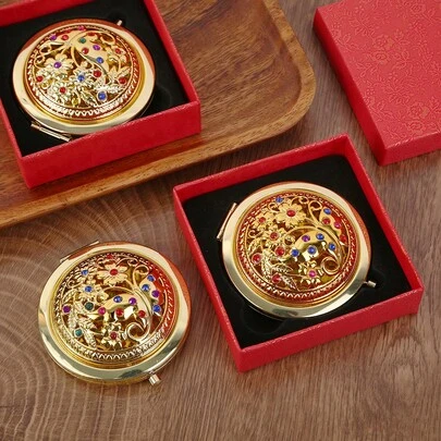 Brodark 1 pieza Espejo de maquillaje plegable de doble cara con color dorado vintage y cristales, espejo de tocador redondo con caja de regalo, adecuado para regalos de boda, fiesta de cumpleaños, regalos para familia, amigos, novia, Día de la Madre