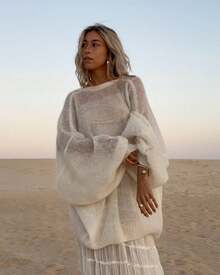 Áo len dệt kim cổ tròn khoét lỗ kiểu Pháp cổ điển VIBEWAVE, kiểu dáng rộng rãi thoải mái dành cho nữ, thích hợp cho mùa xuân và mùa thu. - trắng - Xem 5