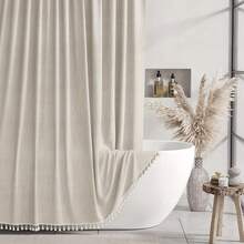 1 Elegant Sage Green Linen-Look Shower Curtain, 180x180 Cm With Tassels & 12 Hooks - 米色 - 查看 6