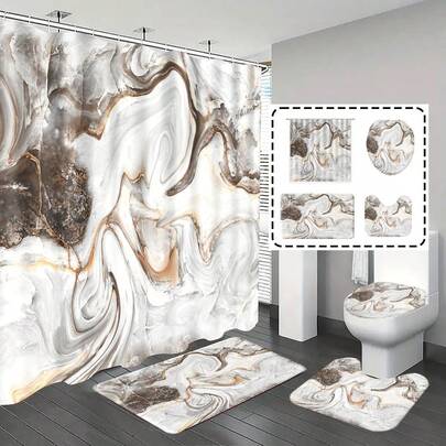 1pc/4pcs Bathroom Curtains Shower Set, Marble Pattern Bathroom Decor, Shower Curtain, Bath Mat, Bathroom Rug, Home Decoration, Gift, Includes 12 Hooks
