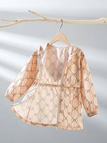 女童甜美连帽长袖外套，蝴蝶印花，收腰设计，弹性袖口，春夏秋季百搭休闲装 - 杏色 - 查看 3