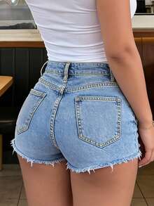 Asymmetrical Frayed Hem Distressed Ripped Wide Leg Denim Shorts For Women - Medium Wash - View 3