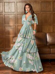 Faeriesty Đầm maxi nữ thanh lịch cổ chữ V sâu tay bồng: Đầm in hoa lãng mạn với tay chuông xếp ly, thiết kế cài nút ở eo, dáng chữ A xếp tầng và lưng hở - Hoàn hảo cho chụp ảnh cưới, dự tiệc cưới ngoài trời, kỷ niệm ngày cưới, kỳ nghỉ lãng mạn, tiệc tùng trang trọng trong nhà mùa xuân - màu xanh lá - Xem 8