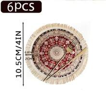 1/4/6pcs Middle Eastern Festival Series Expanding Geometric Floral Pattern Linen Printed Tassel Table Mat/Coffee Cup Coaster - Multicolor - View 13