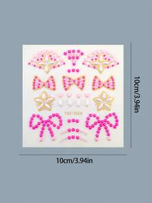 1张粉色珠光蝴蝶结花朵闪亮水钻DIY面部贴片，自粘式，适用于新娘送礼会、下午茶派对和柔美妆容，可重复使用，闪亮水钻，适合女性和可爱DIY美妆爱好者。 - 彩色 - 查看 12