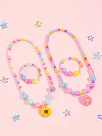 Set de 2 piezas de collar y pulsera con cuentas y colgante de margarita colorido, adecuado para niñas para uso diario, fiestas y regalos de cumpleaños