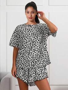 1 Set Women Loose Fit Leopard Print Pajama Set, Home Wear Suit For Spring/Summer - Black - View 6