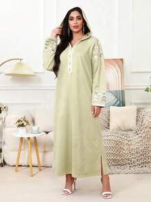 2026 New Style Ramadan Traditional Elegant Embroidered V-Neck Long Sleeve Dress For Women - Green - View 7