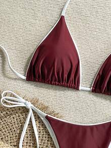 2pcs Women's Leopard Print Spaghetti Strap Tie Sexy Bikini Set, Suitable For Beach Vacation - Burgundy - View 4
