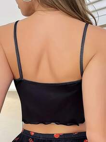 女士舒适樱桃印花睡衣上衣 - 黑色 - 查看 2