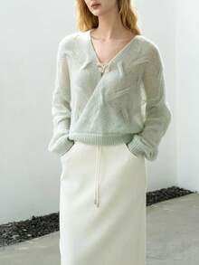 Mint Green V-Neck Hollow-Out Mohair Knit Sweater, Soft Textured Loose Fit Top - Mint Green - View 4
