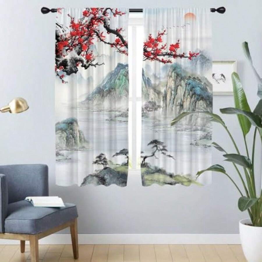 Cortina de ventana japonesa con diseño de flor de cerezo acuarela, rojo floral, paisaje abstracto, bolsillo para barra, 42 x 63 pulgadas, juego, ideal para decoración de hogar mexicano, estilo asiático moderno - Rojo - Ver 1