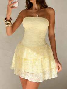 Vaiaye Romantic Elegant Lace Strapless Bodycon Dress, Sleeveless Backless Sexy Double Ruffle Hem Dress, Suitable For Wedding, Party, Concert, Carnival Summer - Light Yellow - View 5