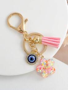 1pc Pearl Devil's Eye Tassel Flower Keychain, Bag Charm, Holiday Gift - Multicolor - View 9