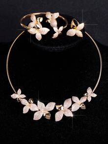 LIGHTSOME Set de 4 piezas: Collar de flor de circonita completa de lujo con pulsera, anillo abierto, aretes. Conjunto de joyas de charm choker de cobre con circonita para mujer, regalo para el Día de San Valentín - Conjunto de joyas - Ver 4