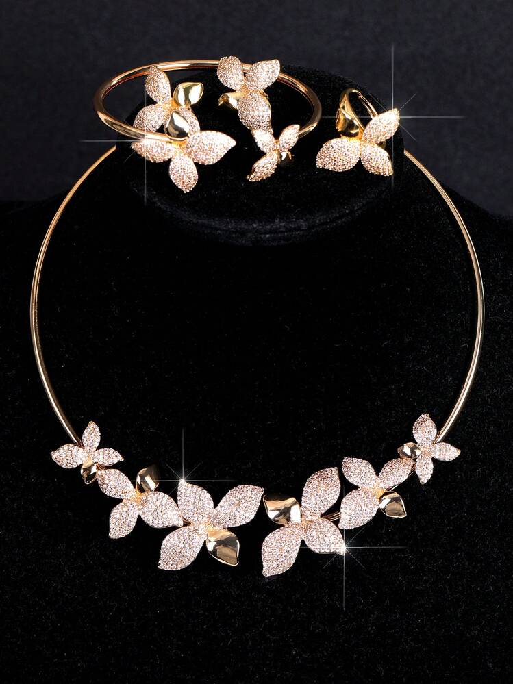 LIGHTSOME 4件套奢华全锆石花朵项链套装，包含手镯、开口戒指和耳环，时尚魅力颈链，铜锆石手链及耳环首饰套装，女士情人节礼物 - Jewelry set - 查看 3