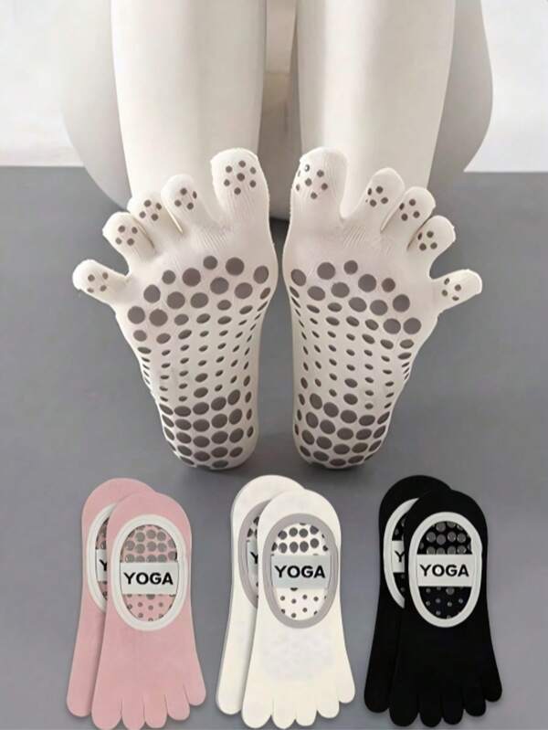 2 Pairs Women's Solid Color Yoga Toe Socks, Moisture-Wicking Anti-Slip Professional Odor-Resistant Sports & Fitness Socks, Premium Knit Fabric, Anti-Slip Grip Socks