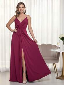 Elegant Women's Long Dress For Bridesmaids, Wedding Guests, Graduations, Birthday Parties, 15th Birthday, Straps, Rhinestones, Padded Cups, Slit, Lined Fabric - 瑪薩拉紅 - 查看 4