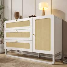 White Rattan Chest Of Drawers With Gold Handles, Country Style, With 3 Drawers And 1 Door, Height-Adjustable Shelves And Anti-Tip Device, 120x85x40 Cm (W/H/D)