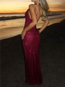 Women's Suspender Wedding Guest Dress Sexy Deep V Sleeveless Neck Dress Temperament Sequins Backless Skinny Evening Dress Waist Hip Dress - 紅色 - 查看 2