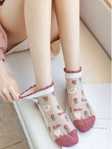 1/5 双 3D 立体花卉玻璃袜 法式浪漫风格 - 透气不闷热 春夏女士透明水晶蕾丝边饰薄款低帮踝袜 - 無色 - 查看 3