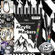 8 Piezas Juego de Marcadores de Pintura Acrílica con Puntas de Pincel Negro/Blanco, Gran Capacidad de Tinta, Marcadores Acrílicos para Ilustración, Roca, Boceto, Madera - Suministros de Arte - Blanco y Negro - Ver 1