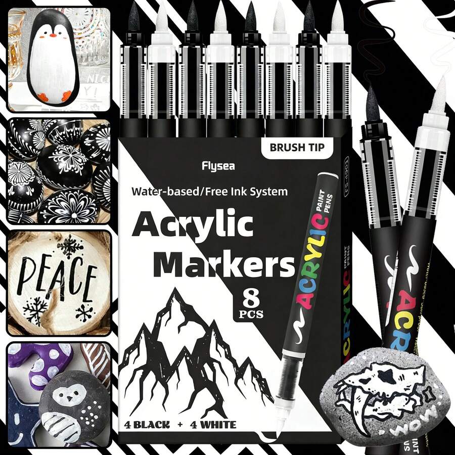 8 Piezas Juego de Marcadores de Pintura Acrílica con Puntas de Pincel Negro/Blanco, Gran Capacidad de Tinta, Marcadores Acrílicos para Ilustración, Roca, Boceto, Madera - Suministros de Arte - Blanco y Negro - Ver 1