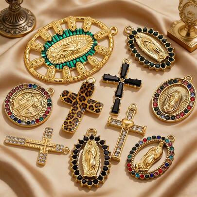 1 pieza Colgante decorativo de Virgen María con estilo de fe, enchapado en oro de 18K, de acero inoxidable. Múltiples estilos de colgantes de cruz adecuados para hacer pulseras y collares hechos a mano, accesorios para uso diario