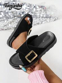 New Fashion Metal Buckle Decor Open Toe Platform Slide Sandals, Comfortable Non-Slip, Versatile & Easy To Clean, Suitable For Beach & Daily Wear - Black - View 7