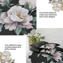 7 Piece Black Beige Floral Comforter Set Full/Queen/King Size Bed In A Bag,Flowers Printed On Light Comforter Set With Sheets, Soft Microfiber Botanical Bedding Set For Wedding Items,Home Bed Room Decor,Easter Gifts,Mothers Day Gift,All Season - Đen Be-1551 - Xem 3