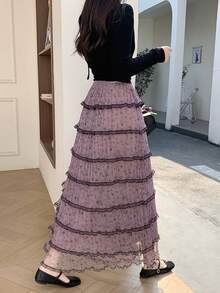 2022 Women's Spring High Waist Layered Lace Trim Mesh Patchwork A-Line Skirt - Mauve Purple - View 7