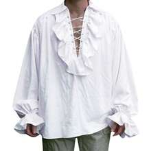 Retro Men's Shirt, Ruffle Lace Up V Neck Long Sleeve Solid Color Cosplay Prince Drama Stage Costume - 純白色 - 查看 1