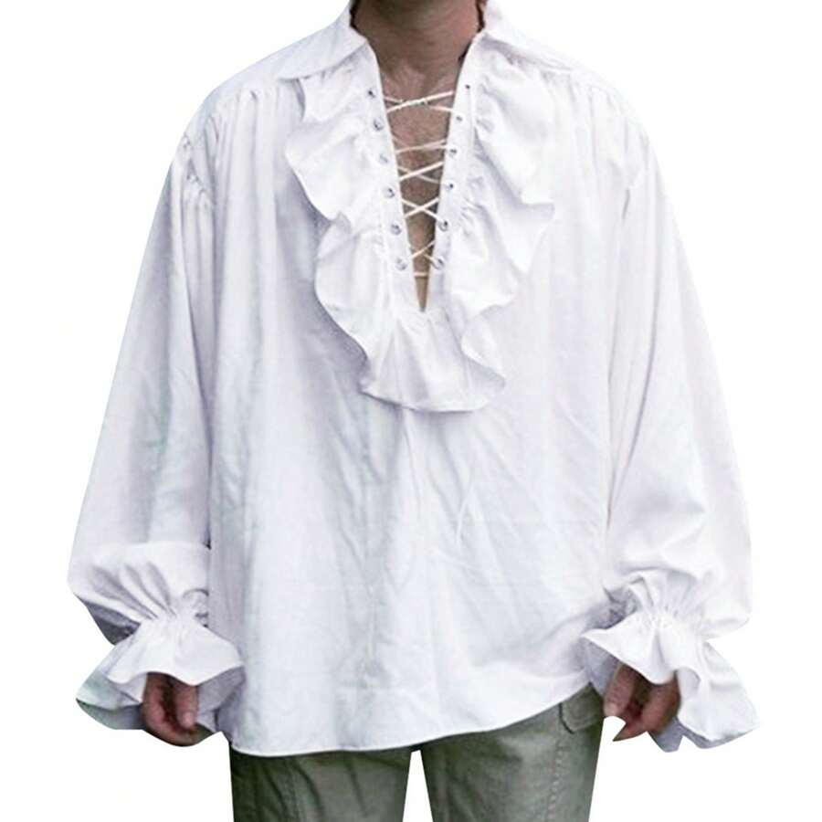 Retro Men's Shirt, Ruffle Lace Up V Neck Long Sleeve Solid Color Cosplay Prince Drama Stage Costume - 純白色 - 查看 1