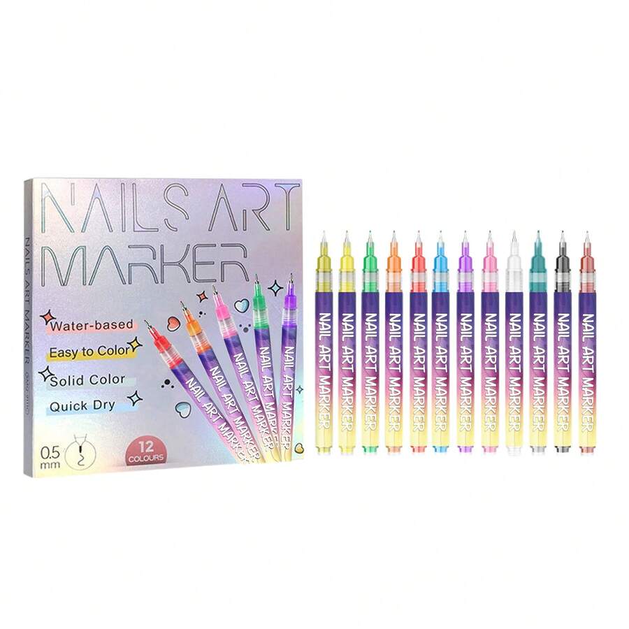 12pcs DIY Nail Art Painting Pens, Easy To Use For Multi-Occasion DIY Nail Art, Convenient Multicolor Nail Plate Outlining & Lining Pens - Multicolor - View 1