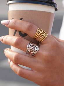 Frminee 2pcs/1pc Chunky Cross X-Ring Women's 18k Gold Plated Stainless Steel Ring, Stackable Stainless Steel Statement Jewelry, Durable, Sturdy, Comfortable Jewelry, Holiday Gift - Multicolor - View 4